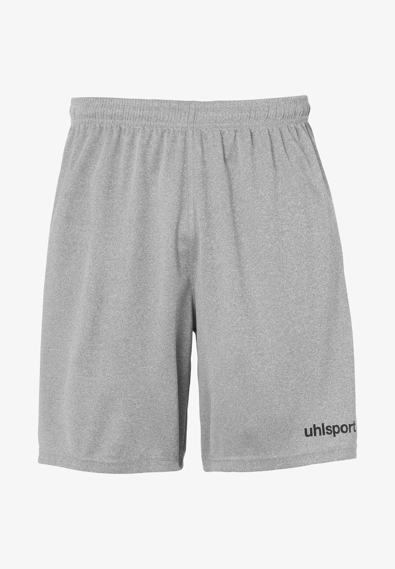 Grå atletiske shorts lavet af struktureret stof, har en elastisk talje og et trykt logo på venstre ben.