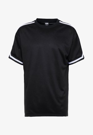 Maglietta sportiva nera a maniche corte con doppie strisce bianche sulle spalle e sui bordi delle maniche, collo rotondo e tessuto in mesh.