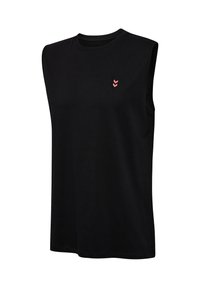 Svart ärmlös t-shirt, tillverkad av mjukt tyg, rund hals, med en liten rosa chevron-logotyp på vänster bröstområde.