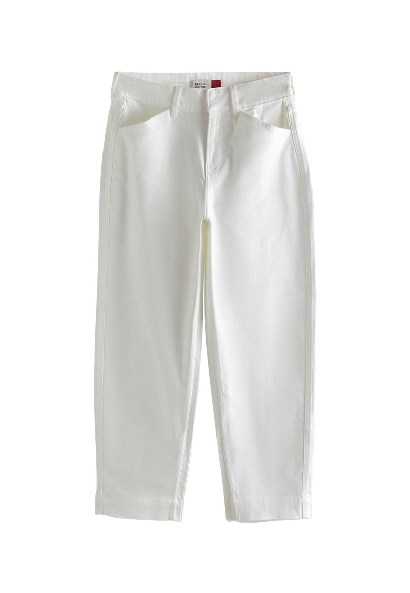 Balti kokvilnas bikses ar taisnu piegriezumu, divām priekšējām kabatām un smalkām šuvju un bikšu apakšu izšuvuma detaļām.