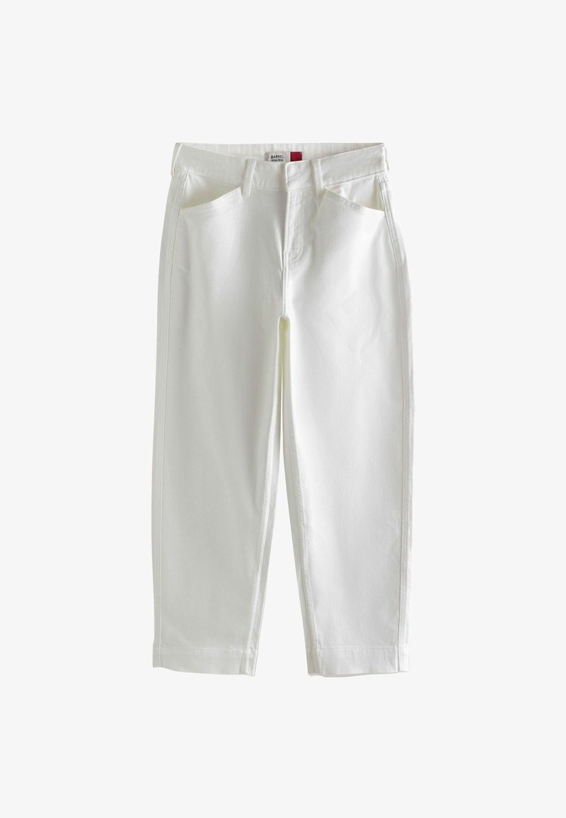 Weiße Baumwollhose mit geradem Schnitt, zwei Taschen vorne und dezenten Nahtdetails an den Nähten und Säumen.