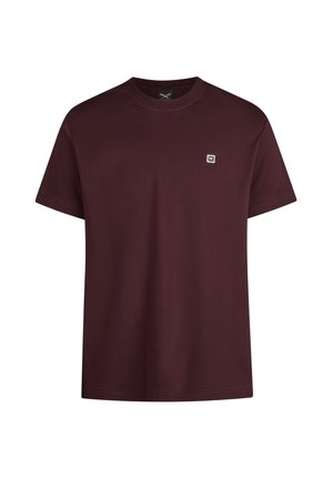 Short-sleeve maroon t-shirt with a small white rectangular logo on the left chest and a crew neck collar.