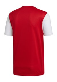 Rotes Sporttrikot mit kurzen weißen Ärmeln, Rundhalsausschnitt, aus leichtem Stoff, mit glatter Textur und sauberem Design.