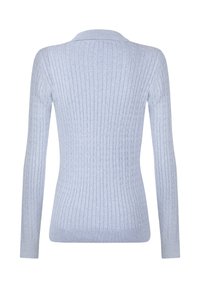 Hellblaue Strickjacke mit langen Ärmeln und Rippenkragen, -bündchen und -saum, von hinten auf einem weißen Hintergrund gezeigt.