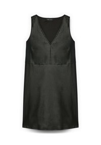 Schwarzes, ärmelloses Lederkleid mit V-Ausschnitt, verziert mit Nietenakzenten entlang des Ausschnitts und einem geraden Saum. Glatte Textur.