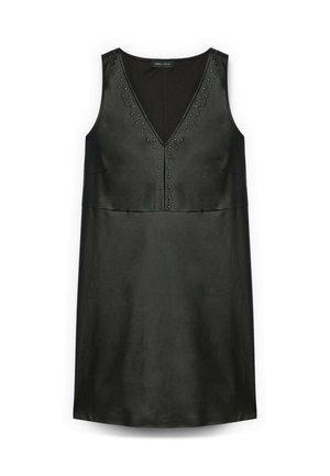Abito senza maniche in pelle nera con scollatura a V, caratterizzato da dettagli chiodati lungo il décolleté e un orlo dritto. Tessuto liscio.