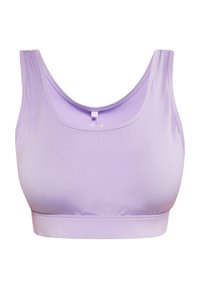 Sutien sport de culoare lila, realizat dintr-un material neted și elastic, având bretele late, decolteu rotund și un brâu lat pentru susținere.