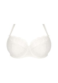 Sostén de encaje blanco con un patrón floral, soporte de aros, tirantes ajustables y una textura suave. Diseño de cobertura media.