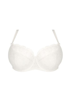 Fehér csipkés melltartó virágmintával, merevítős támogatással, állítható pántokkal és sima felülettel. Közepes takarású dizájn.