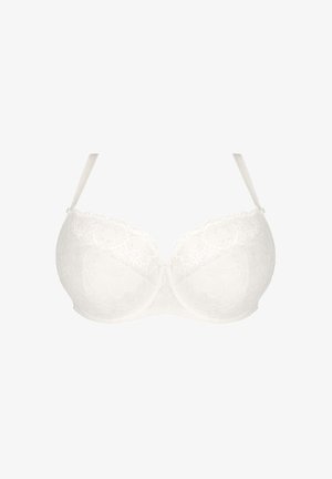 Fehér csipkés melltartó virágmintával, merevítős támogatással, állítható pántokkal és sima felülettel. Közepes takarású dizájn.