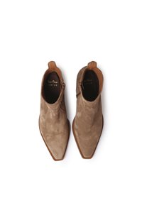 Botines de ante topo con punta afilada, cremallera lateral y tacón bajo apilado. Textura suave con un diseño minimalista y sin adornos.