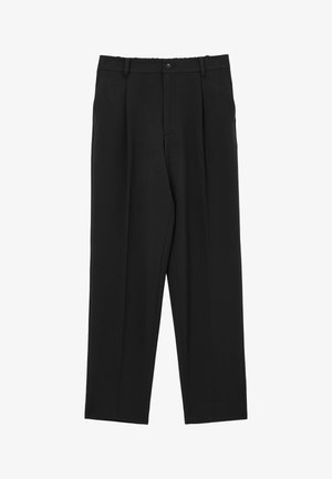 Pantaloni neri in tessuto liscio, con un design a gamba dritta, pieghe davanti e chiusura con un solo bottone in vita.