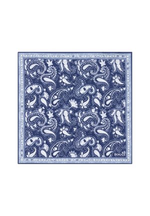 Carré à motif cachemire bleu et blanc avec une bordure bleu clair et de petits points blancs, marqué "Boggi Milano" dans un coin.
