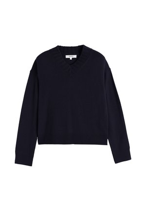 Dunkelblaues Strickpullover mit V-Ausschnitt, langen Ärmeln, gerippten Bündchen und einem leicht gekürzten Saum. Weiche Textur mit klassischem Design.