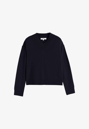 Dunkelblaues Strickpullover mit V-Ausschnitt, langen Ärmeln, gerippten Bündchen und einem leicht gekürzten Saum. Weiche Textur mit klassischem Design.