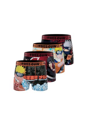 Quatre paires de boxers mettant en vedette des personnages colorés de l'anime Naruto, avec des ceintures noires portant le nom de la marque "FREEGUN" en lettres majuscules.