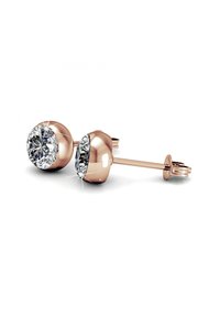 Orecchini a bottone in oro rosa con pietre rotonde in zirconia cubica trasparente, finitura lucida e chiusura a pressione per una vestibilità sicura.