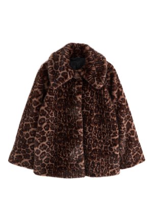 Cappotto in pelliccia ecologica marrone e nera con stampa leopardata, colletto ampio e maniche lunghe, mostrato disteso su sfondo bianco.