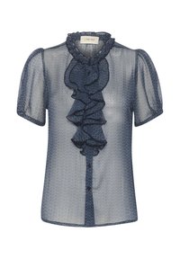 Marinblus av sheer tyg med rynkad halsrand, korta puffärmar och knappstängning fram, med ett subtilt geometriskt mönster.