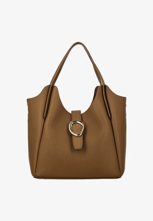 Brown leather tote bag with a textured surface, U-shaped top, dual handles, and a gold-tone circular buckle accent on a front strap.