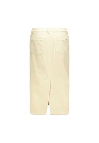 Jupe midi en velours côtelé beige avec une fente au dos, deux poches arrière et une texture lisse. Conçue avec une taille haute pour un look ajusté.