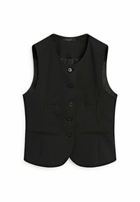 Schwarze ärmellose Weste mit Knopfverschluss, glattem Stoff, zwei vorderen Taschen und taillierter Passform, geeignet für formelle oder legere Anlässe.