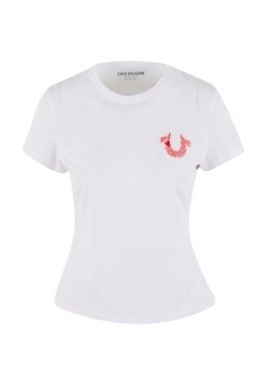 Biała krótka koszulka z rękawem, wykonana z bawełny, o dopasowanym kroju; posiada koralową haftowaną grafikę na piersi.