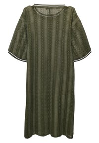 Olivengrünes, gestricktes Kleid mit lockerer Passform, kurzen Ärmeln und rundem Halsausschnitt. Besitzt einen gestreiften Kragen und ein strukturiertes, offenes Gewebe.