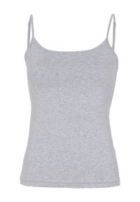 Grå tanktop med tynde justerbare stropper, lavet af et let, blødt stof. Designet er enkelt og tætsiddende, uden mønstre eller udsmykninger.