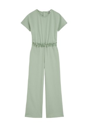 Jasnozielony kombinezon z krótkim rękawem z teksturowanej tkaniny, z okrągłym dekoltem, dopasowaną talią z falbanką i szerokimi nogawkami.