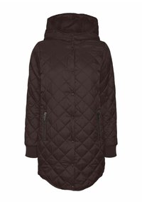 Gequilted zwarte hooded jas met een ritssluiting aan de voorkant, zijzakken, ribbels aan de manchetten en een gebogen zoom. Het materiaal is glad en reflecterend.