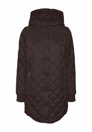 Veste noire matelassée à capuche avec une fermeture éclair à l'avant, des poches latérales, des poignets côtelés et un ourlet incurvé. Le matériau est lisse et réfléchissant.