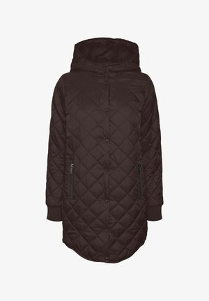 Quilted black hooded jacket with a zippered front, side pockets, ribbed cuffs, and a curved hem. Material is smooth and reflective.