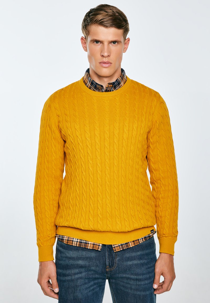 Maglione giallo senape a punto treccia con collo rotondo, polsini e vita a costine, indossato sopra una camicia di flanella a quadri. Pantaloni in denim scuri.