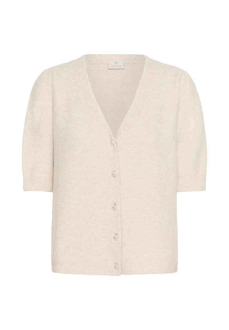 Cardigan à manches courtes couleur crème avec col en V, cinq boutons à l'avant, poignets et ourlet côtelés, fabriqué en tissu doux et texturé.