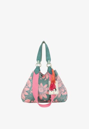 Borsa floreale verde e rosa con ampi cinturini verdi, tracolla rosa e nappina multicolore appesa a un'etichetta.