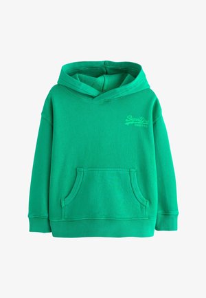 Zielona bluza z kapturem, przednią kieszenią i małym logo "SuperDry" na lewej piersi, z długimi rękawami oraz ściągaczami na mankietach i dole.