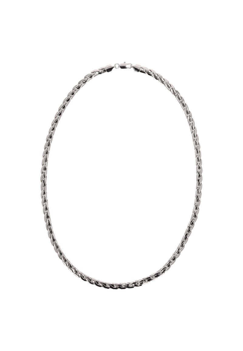 Ezüst színű fém lánc nyaklánc összefonódó láncszemekkel, sima felülettel és biztonságos csattal, a nyak körüli kényelmes illeszkedés érdekében tervezve.
