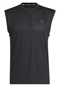 Camiseta de entrenamiento sin mangas negra con un diseño de malla, con cuello redondo y un discreto logotipo en el pecho y el escote.