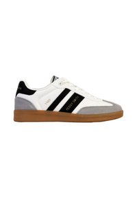 Sneaker bianca con accenti neri e grigi, realizzata in materiali scamosciati e in rete, con suola in gomma e branding "Teddy Smith."