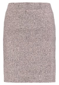 Jupe crayon en tricot gris clair avec une texture côtelée. Présente une silhouette ajustée et une taille élastique pour un port confortable.