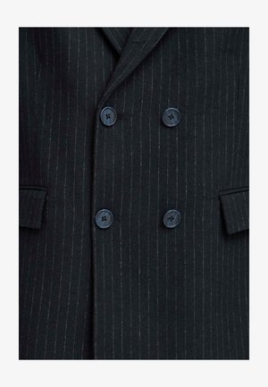 Schwarzer Nadelstreifen-Doppelbrustblazer mit strukturiertem Finish, ausgestattet mit vier blauen Knöpfen und zwei Fronttaschen.