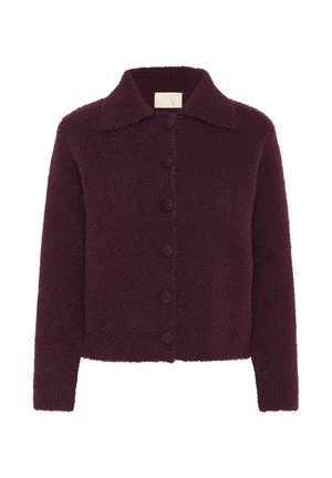 Cardigan button-up strutturato color viola scuro con maniche lunghe e colletto aperto, fotografato su uno sfondo bianco.