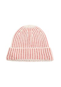 Bonnet tricoté en rose clair et crème. Présente des rayures verticales, un revers replié et une finition texturée pour chaleur et confort.
