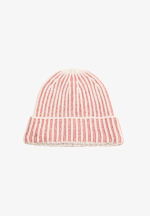 Bonnet tricoté en rose clair et crème. Présente des rayures verticales, un revers replié et une finition texturée pour chaleur et confort.