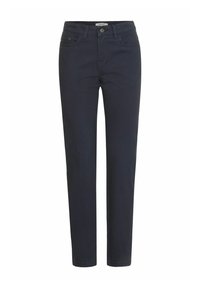 Navy blue jeans made of denim, featuring five pockets, a button closure, and a straight-leg design with subtle stitching details.