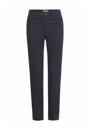Marineblå jeans laget av denim, med fem lommer, knappelukking og en rett ben-design med subtile sømdetaljer.
