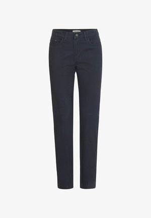 Jeans azul marino de denim, con cinco bolsillos, cierre de botón y un diseño de pierna recta con sutiles detalles de costura.