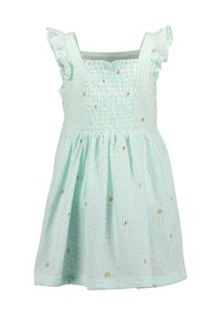 Robe vert menthe clair avec un corsage smocké, des épaules à volants et des broderies multicolores de arc-en-ciel et de cônes de glace. Tissu en coton.