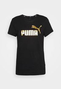 Black cotton T-shirt featuring a large gold "PUMA" logo and a gold PUMA cat silhouette. Classic crew neck design with short sleeves.
